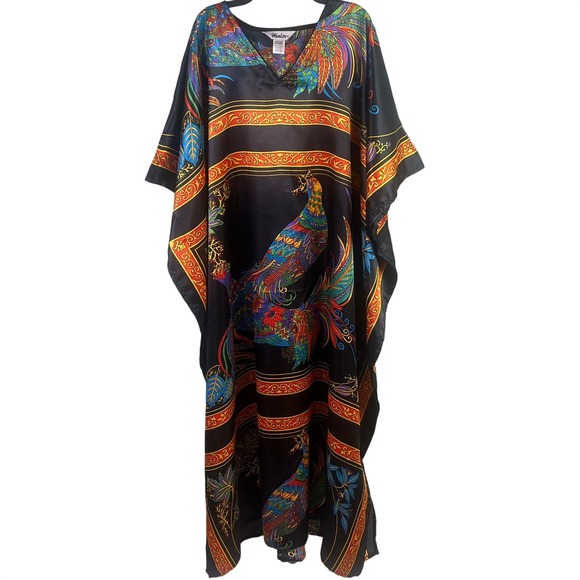 Winlar Dresses & Skirts - VTG Winlar Black Peacock Pheasant Phoenix Afghan Caftan One Size Fits Most